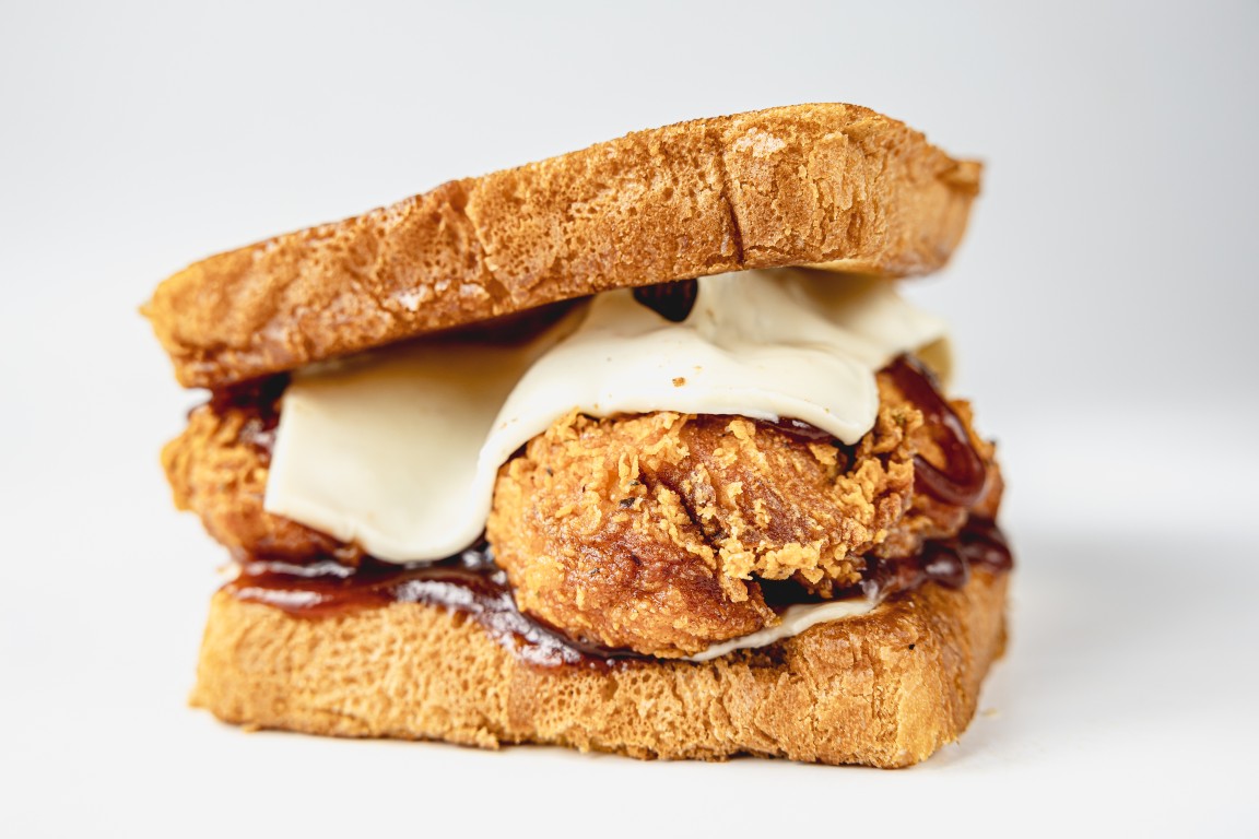 Honey BBQ chicken sandwich with Monterey Jack on Texas toast